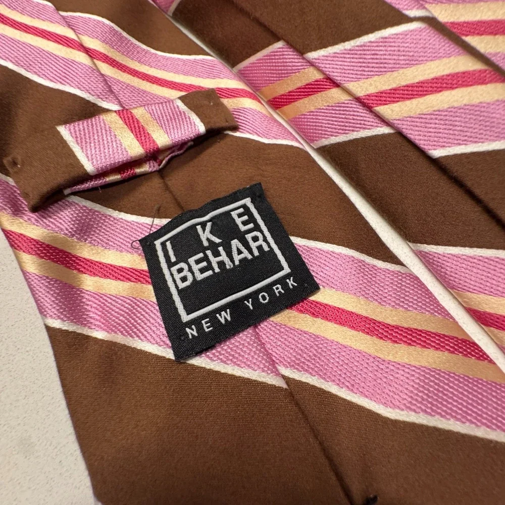 Vintage Ike Behar New York Tie Brown Pink Stripe Silk USA Made Necktie Old Money